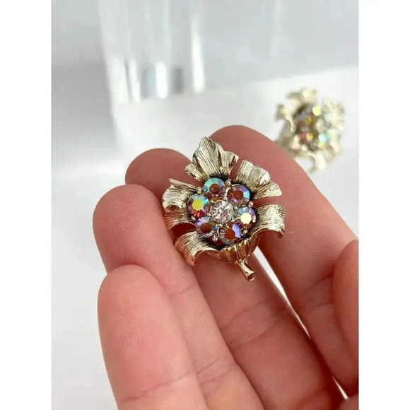 Vintage Coro Signed Gold Toned Floral MCM Iridescent Rhinestone Clip On Studs - Picture 2 of 7